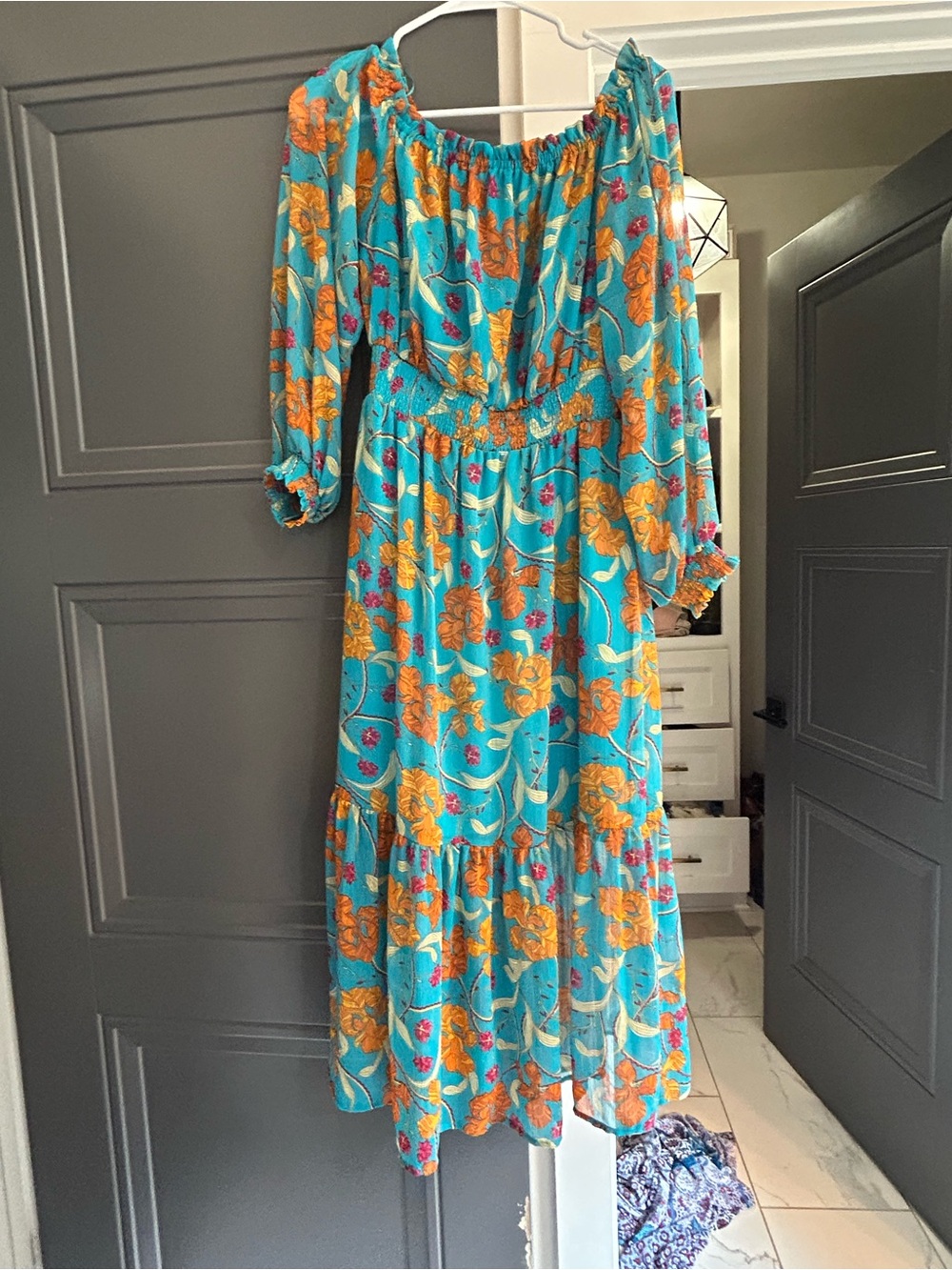 Floral Off-Shoulder Tiered Maxi Dress in Teal and Orange